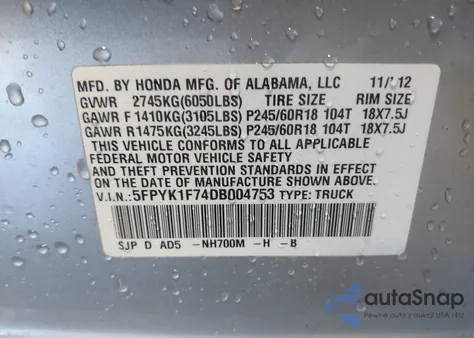 2013 Honda Ridgeline Sport z USA, uszkodzony, nr VIN 5FPYK1F74DB004753
